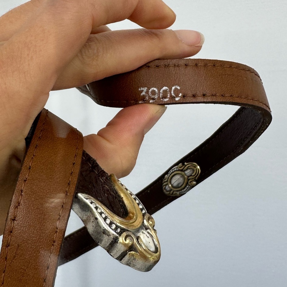 ⛔️SOLD⛔️Vintage Mixed Metal Two Tone Brown Leather Western Narrow Belt Adjustabl - Picture 9 of 9